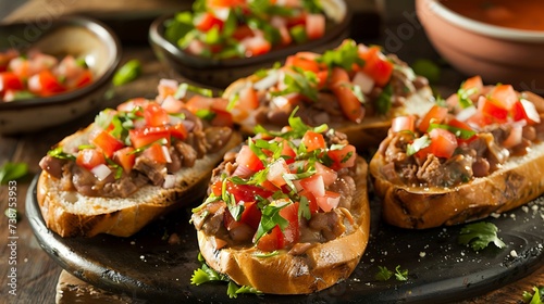 Mexican molletes open-faced sandwiches with refried beans, cheese, and salsa on toasted bolillo rolls photo