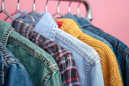 Colorful clothes sway and embrace on indoor hangers, a vibrant display of freedom and playfulness among the structured racks photo