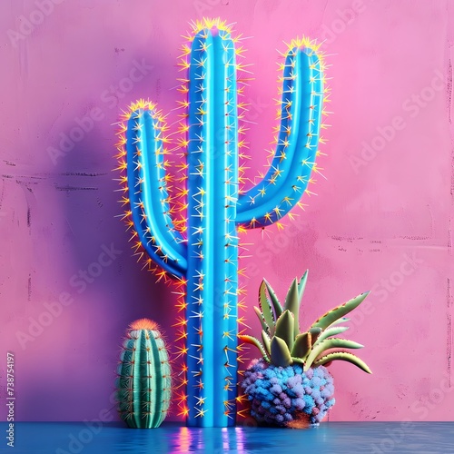 Set Neon Cactus. Minimal creative stillife photo