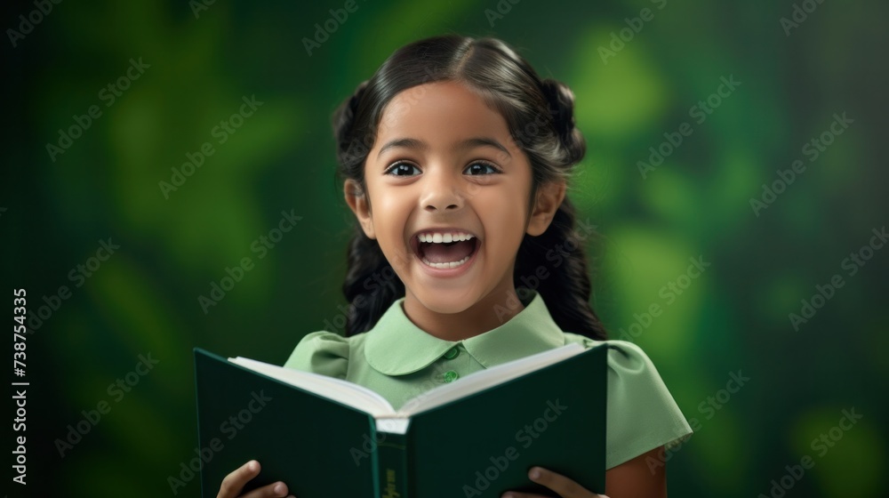 Fototapeta premium Happy smiling Indian girl holding book in hand and reading Isolated on green background.