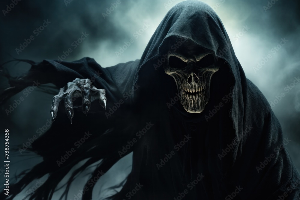 Devil reaching towards camera isolated on dark background with copy space, Halloween poster concept. Devil reaching towards camera isolated on dark background with copy space, Halloween poster concept.