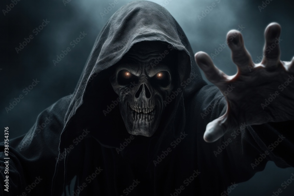 Devil reaching towards camera isolated on dark background with copy space, Halloween poster concept. Devil reaching towards camera isolated on dark background with copy space, Halloween poster concept.