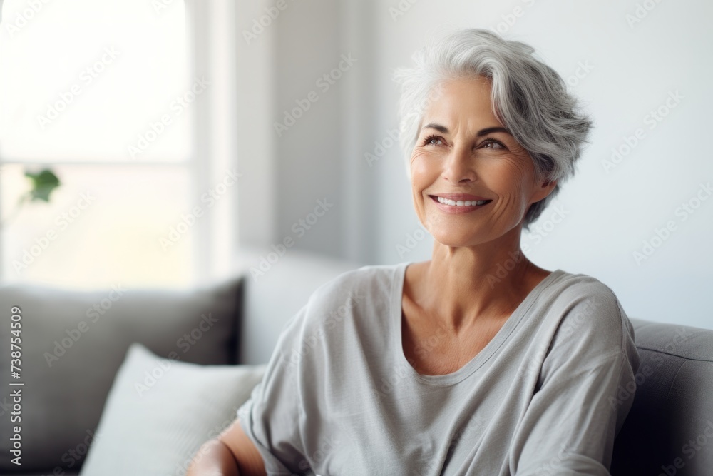 Have fun and relax with a mature woman relaxing. Smiling style is enjoying relaxing on the sofa. With photocopying area