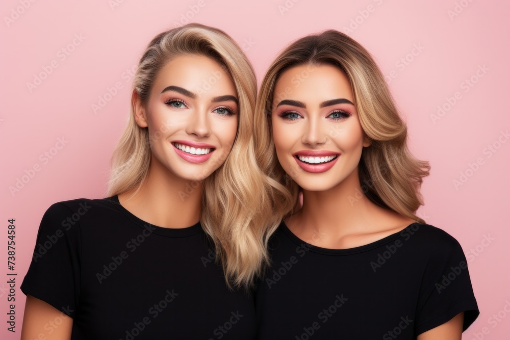 Beautiful woman with happy female friend applying lipstick undergoing beauty routine standing side by side wearing black t-shirt, isolated on pink background.