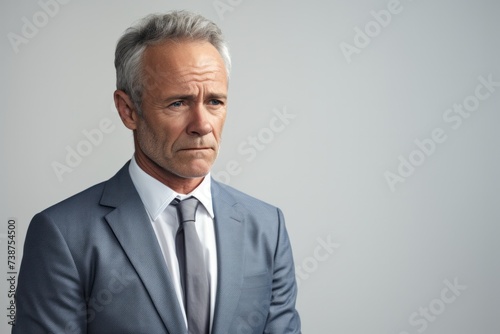 Half body of a senior businessman who is contemplative and sad. A middle-aged senior businessman who is frustrated and is thinking about going bankrupt or making a difficult decision.