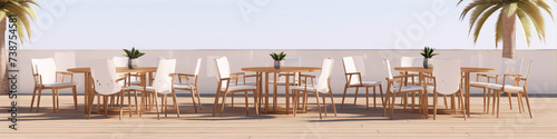 3d rendering of outdoor restaurant with wooden tables and chairs