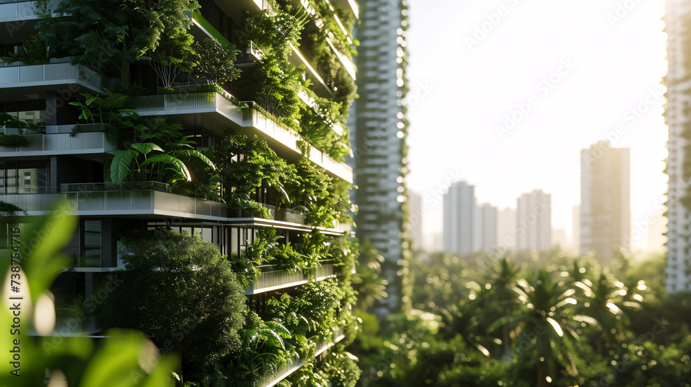 Sustainable green building. Eco-friendly building. Sustainable glass building with vertical garden reducing carbon dioxide. Green architecture. Green environment. Sustainable lifestyle.