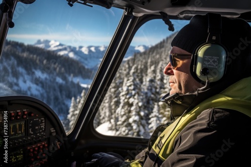 A helicopter pilot looks for a place to land on a mountain with thick snow. © ORG