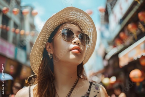 Woman Wearing Hat and Sunglasses in City. Generative AI