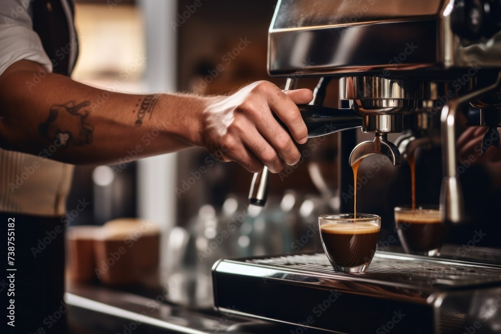 Man uses coffee maker in the morning to make coffee on blurred background. Man uses coffee maker in the morning to make coffee on blurred background.