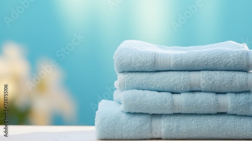 Calm light blue spa towels with copy space