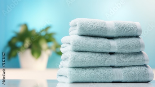 Calm light blue spa towels with copy space
