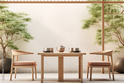 Two wooden chairs and a table with a teapot and teacups in a Zen garden.