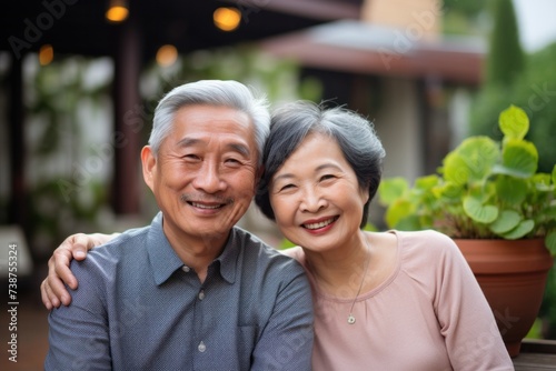 happy senior asian couple, outside of home yard, with copy space © ORG
