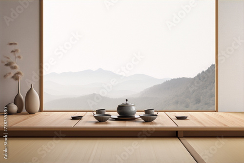 A wooden table with a tea set and a vase on it, with a view of mountains in the background.