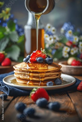 Pancakes with fresh strawberries  blueberries and maple syrup for breakfast. Honey poured onto pancakes with copy space.