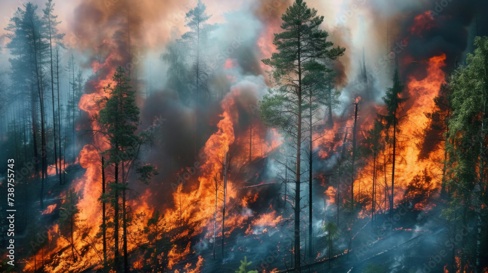 Fire in the forest at night. Burning trees. natural disaster. Fire and smoke in nature