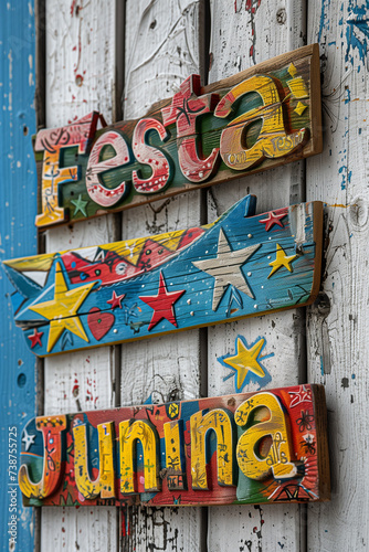 A Brazilian Festa Junina Party or Arraial wooden painted sign isolated 