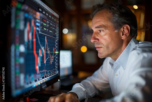 A businessman checks stock market charts on his computer monitoring his investments in real time