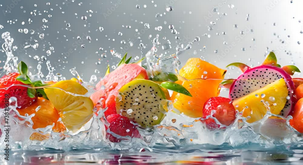 Fruit splashing in water on a white background. Mixed fruits