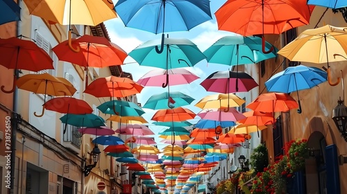 Street decorated with colored umbrellas.summer vibe