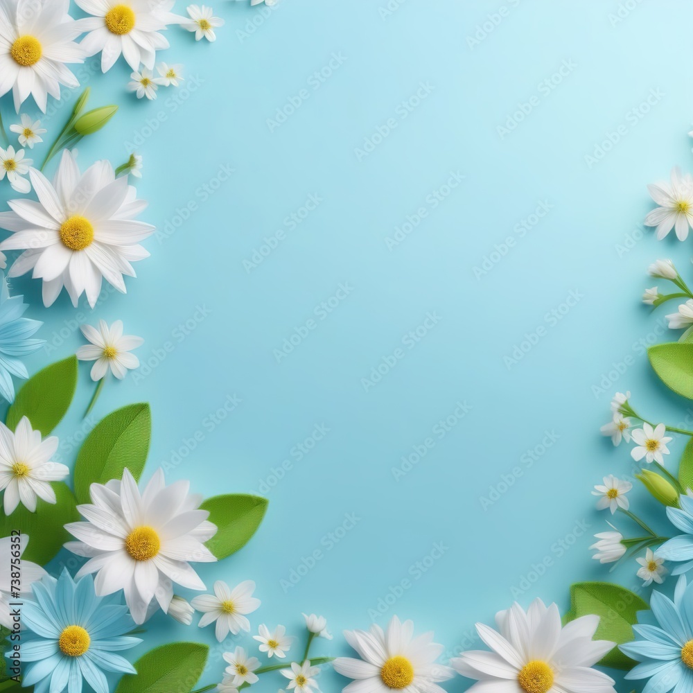 Fototapeta premium Banner spring flowers with free space, pastel colors blue, green, white, copy space