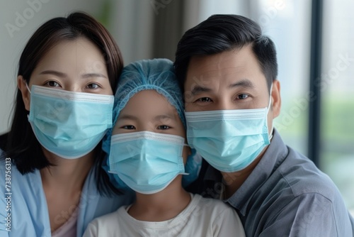 Healthy Asian family wearing surgical masks, quarantining together at home.