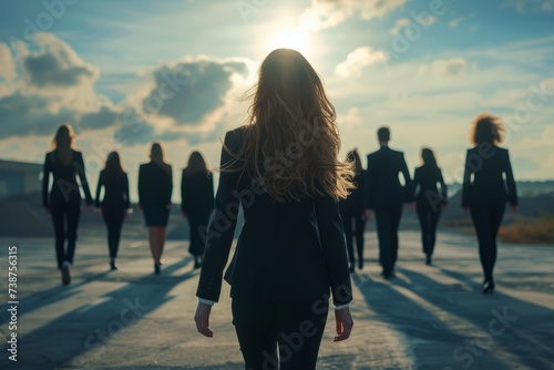 An elegant businesswoman leading a team towards success with her vision