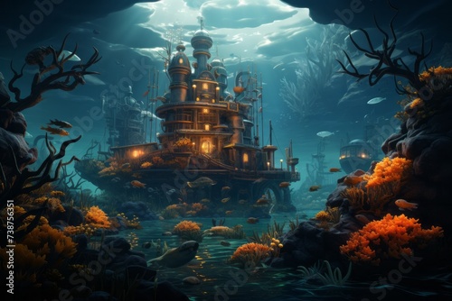 a castle in the middle of the ocean surrounded by corals and fish