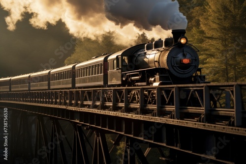 Steam train on a telephoto lens, bridge over a large river, with mountains