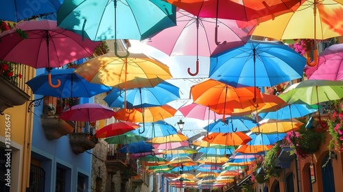 Street decorated with colored umbrellas.summer vibe