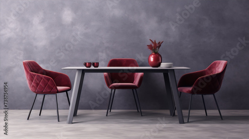 Minimalistic burgundy red dining room interior with elegant table and chairs