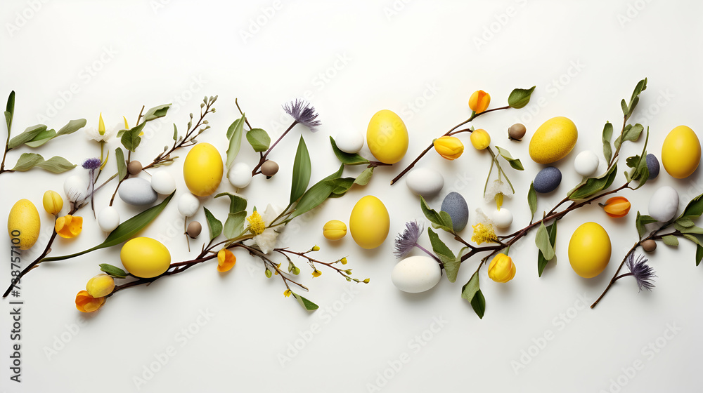 Obraz premium A masterful arrangement of Easter elements - from the supple willow branch to the array of colorful eggs - creates a captivating flat lay against a pure white background.