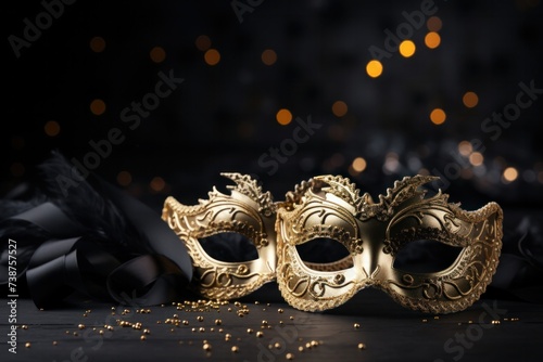 Two metallic gold masks on black stage background with copy space.