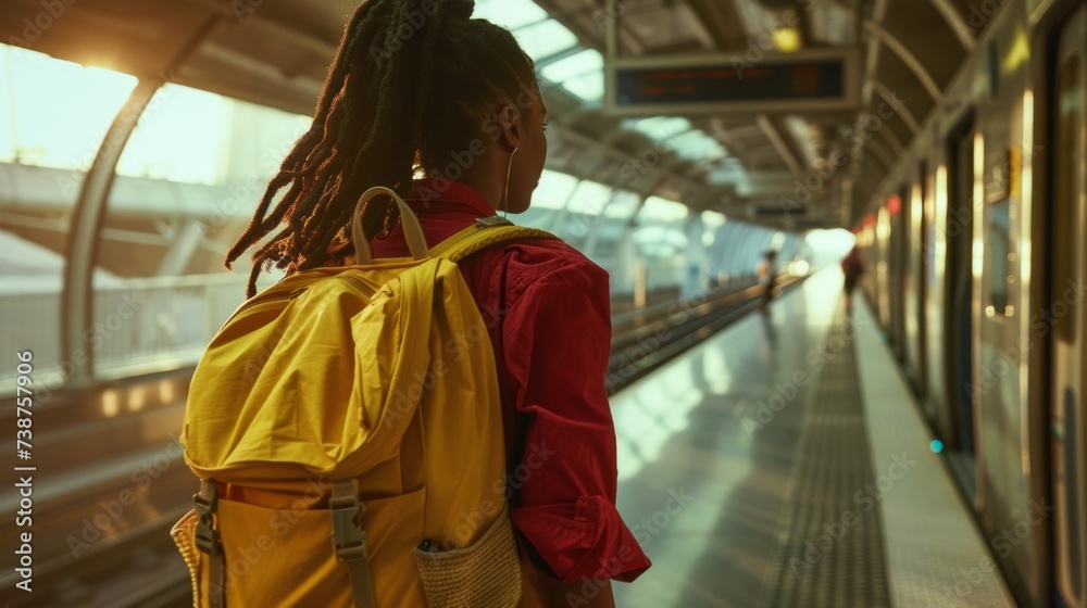 Young woman traveler with backpack traveling by train.Solo traveler. Young woman traveler with backpack traveling by train.Solo traveler.