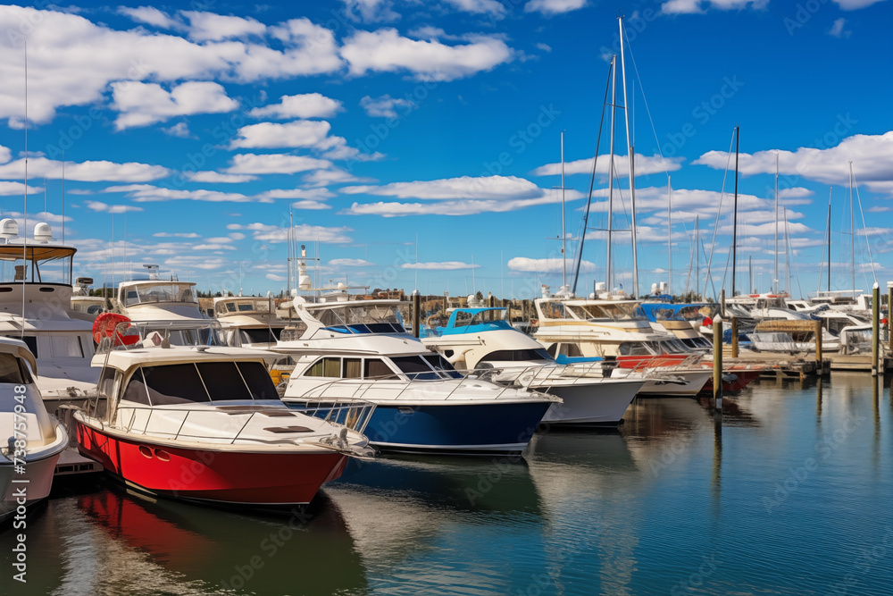 Motorboats, sailboats and yachts docked at bustling marina. Generative AI