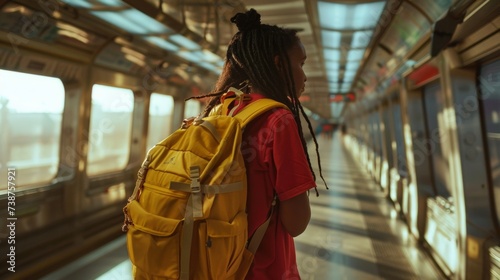 Young woman traveler with backpack traveling by train.Solo traveler.