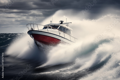 Motorboat racing across choppy waves. Generative AI © Nomad_Soul