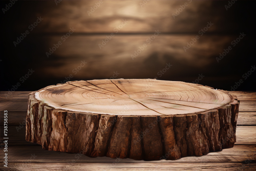 Round wooden podium on a wooden table on a blurred background. Round wooden podium on a wooden table on a blurred background.