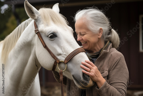 Smiling old elderly woman with horse portrait. Generative AI