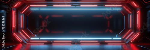 Futuristic spaceship interior with red and blue glowing lights photo