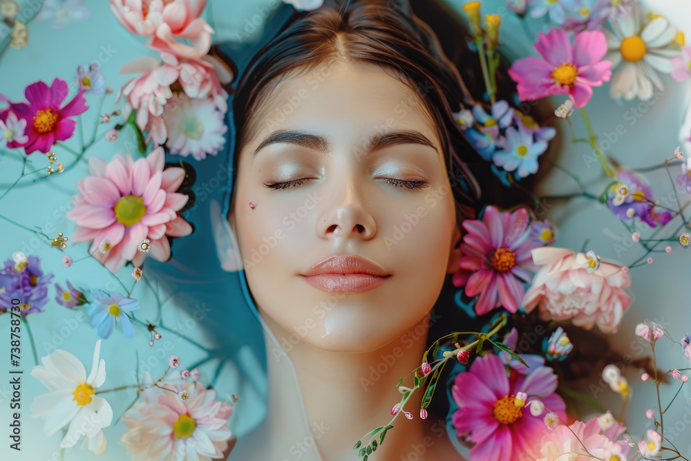 Beautiful Woman in Spa bathtub with flowers. Massage and Healing Concept