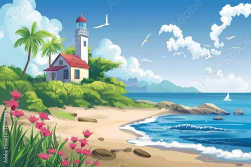 The vibrant colors of the sky  water  and surrounding plants create a picturesque backdrop for the stoic lighthouse standing tall on the sandy beach  beckoning ships to safety in the vast and serene 