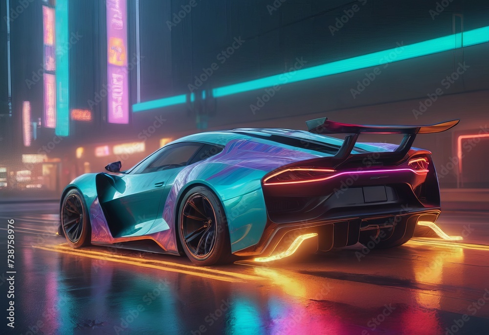 Tuned Sport Car , cyberpunk Retro Sports Car On Neon Highway. Powerful acceleration of a supercar on a night track with colorful lights and trails - obrazy, fototapety, plakaty 