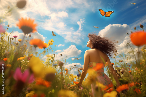 Beautiful woman floral field with fluttering butterfly. Generative AI
