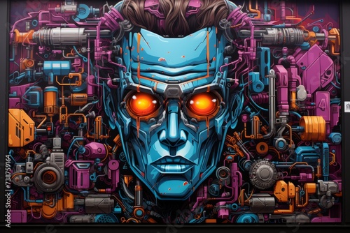 it is a painting of a robot with red eyes surrounded by various objects