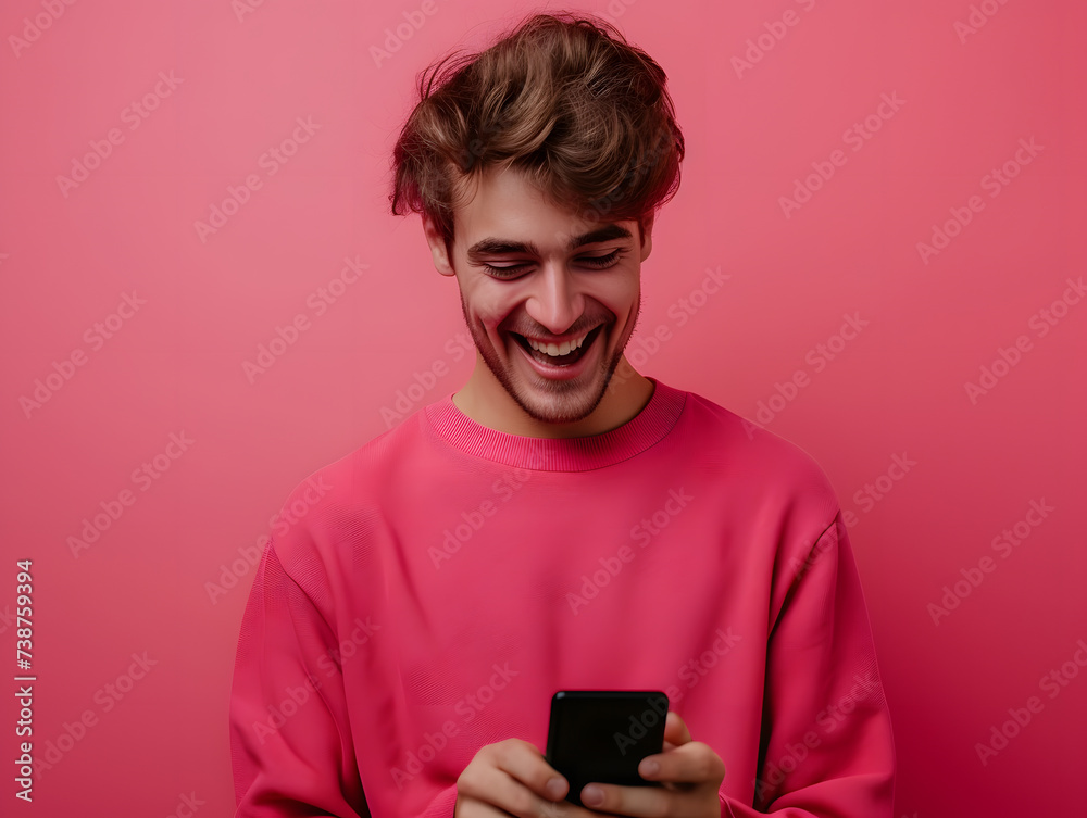 A caucasian boy in his 20s smiling with a smart phone A caucasian boy in his 20s smiling with a smart phone