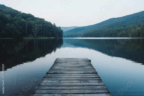 A tranquil dock nestled among the scenic mountains and trees  reflecting the serene sky and inviting travelers to explore the breathtaking beauty of the lake district
