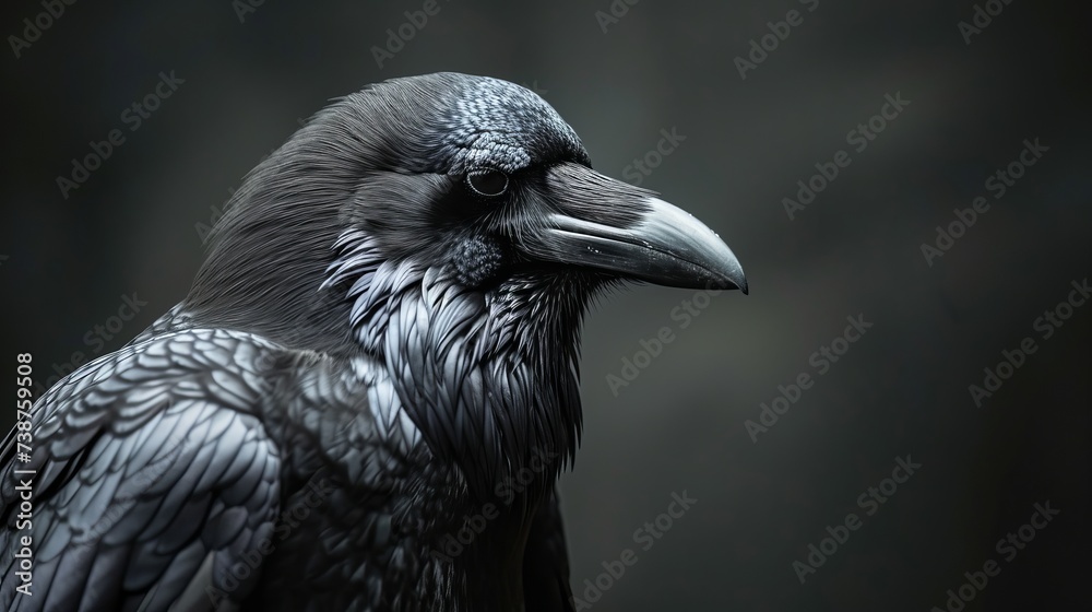 Close-Up Portrait of a Majestic Raven with Glossy Feathers Against a Dark Background Close-Up Portrait of a Majestic Raven with Glossy Feathers Against a Dark Background