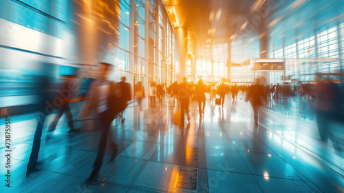 Goal. abstract motion blur image of business people crowd walking at corporate office building in city downtown, airport passenger building, blurred background, business center concept